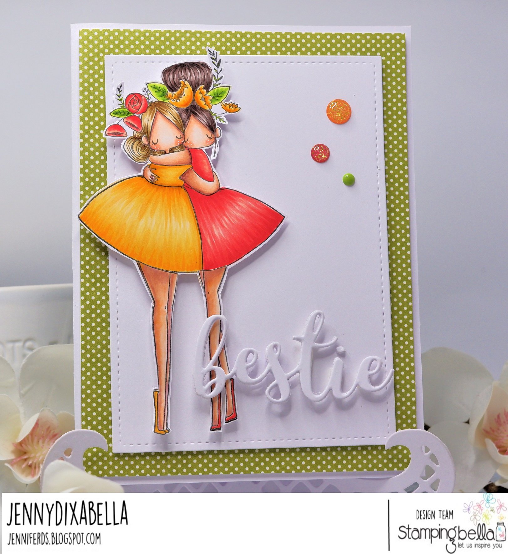 www.stampingbella.com: rubber stamp used CURVY GIRL BESTIES and BESTIE CUT IT OUT DIE SENTIMENT: card by JENNY DIX