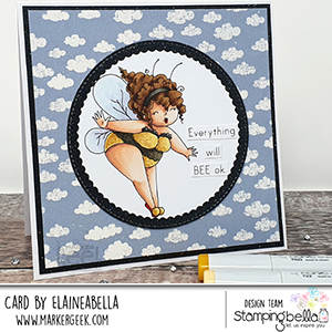 www.stampingbella.com: rubber stamp used EDNA THE BUMBLEBEE. card by Elaine Hughes