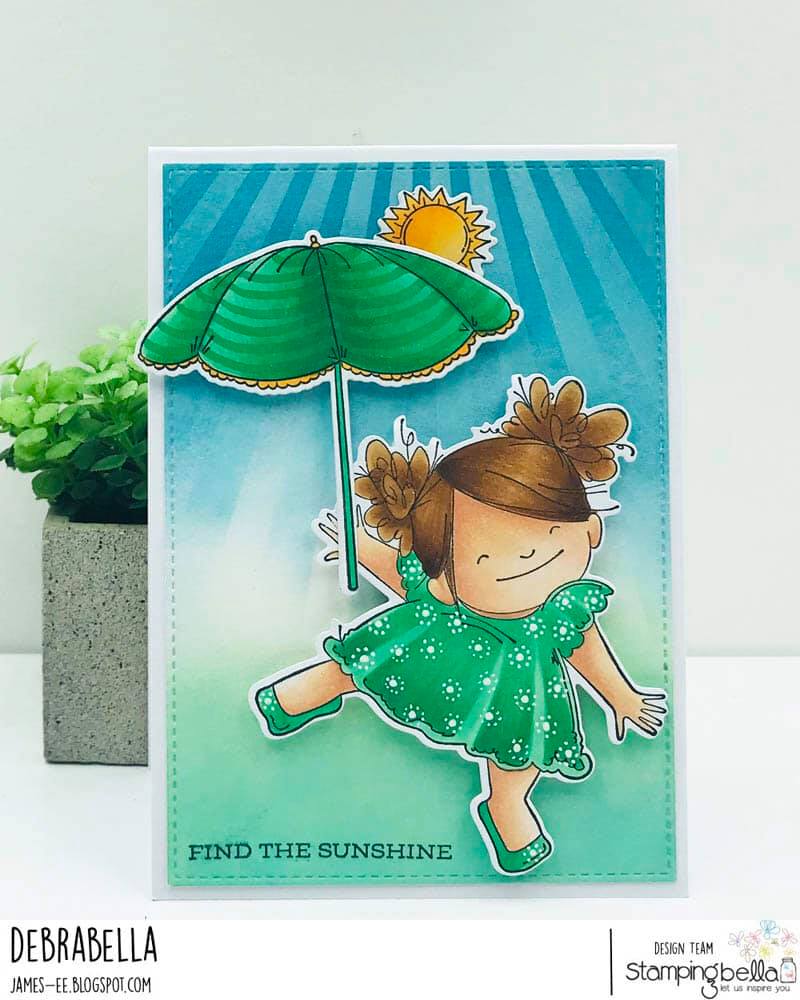 www.stampingbella.com: rubber stamp used HAPPY DANCE SQUIDGY and TINY TOWNIE FRANCES LOVES TO FLOAT: card by DEBRA JAMES