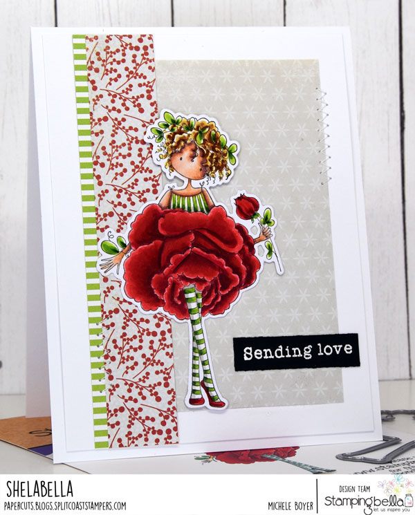 www.stampingbella.com: rubber stamp used TINY TOWNIE GARDEN GIRL ROSE.  Card by Michele Boyer