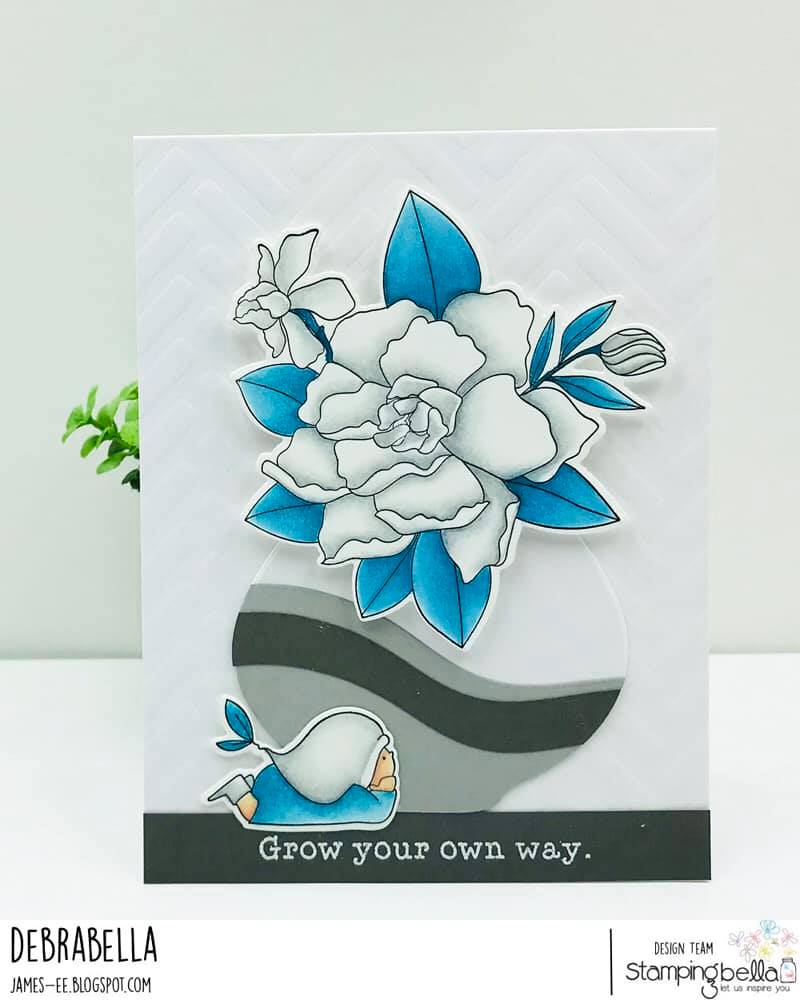 www.stampingbella.com: rubber stamp used: Bundle girl with a GARDENIA. card by DEBRA JAMES