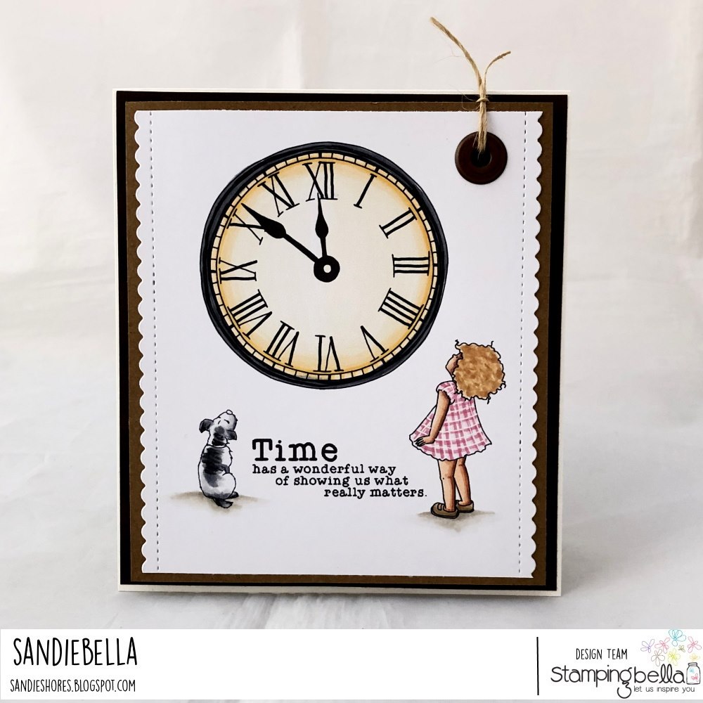 www.stampingbella.com:  rubber stamp used :  EDGAR AND MOLLY VINTAGE CLOCK set. card by Sandie Dunne
