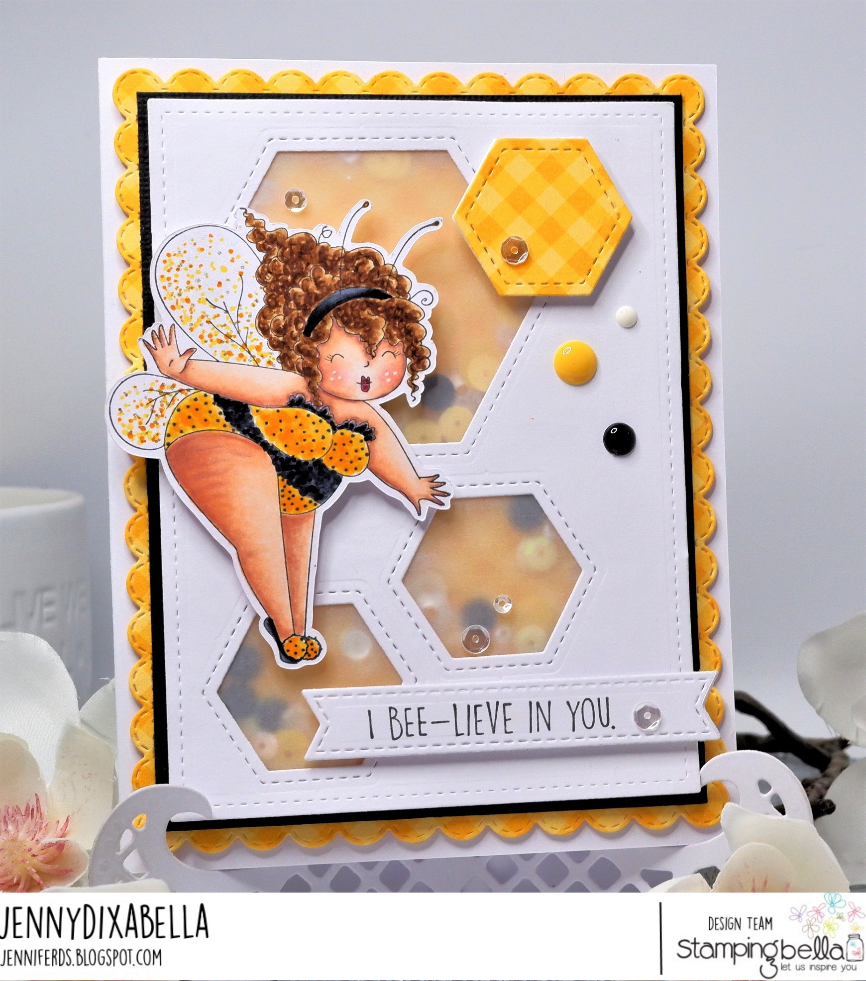 www.stampingbella.com: rubber stamp used: EDNA THE BUMBLEBEE card by Jenny Dix