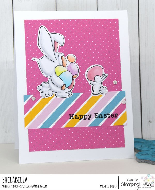 www.stampingbella.com: rubber stamp used BUNDLE GIRL BUNNY. card by Michele Boyer