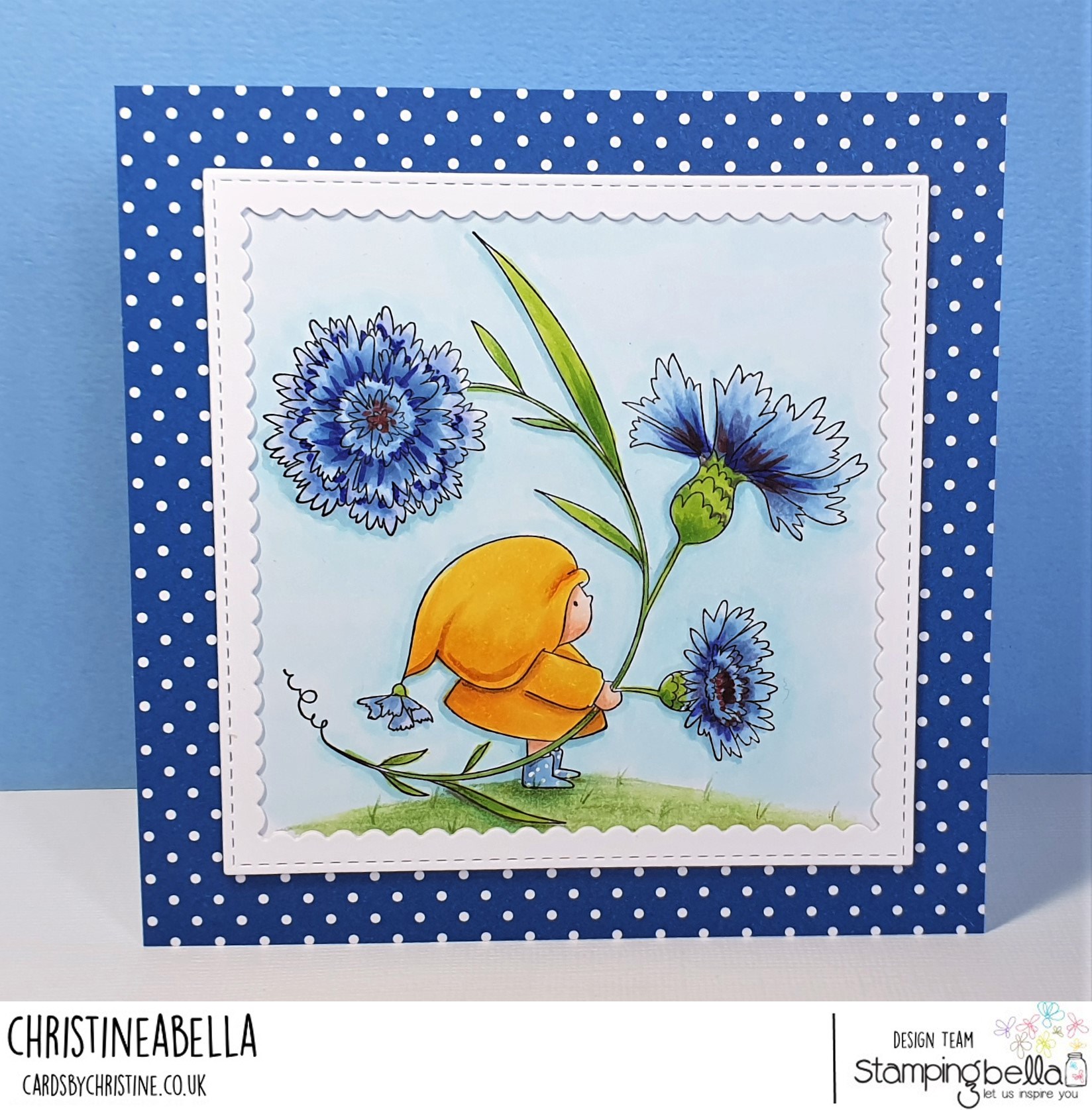 www.stampingbella.com : Rubber stamp used: BUNDLE GIRL WITH A CORNFLOWER Card by CHRISTINE LEVISON