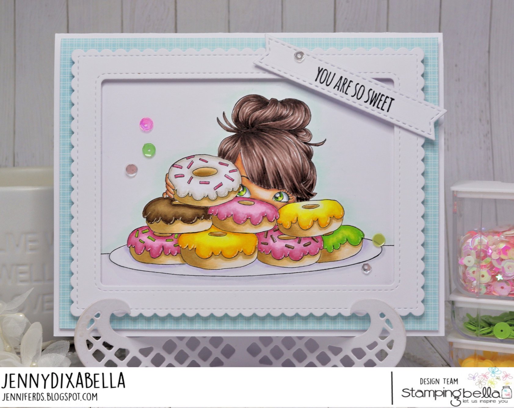 www.stampingbella.com : Rubber stamp used: MOCHI DONUT GIRL Card by JENNY DIX