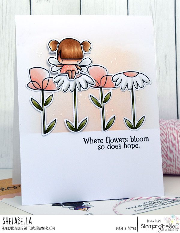 www.stampingbella.com: rubber stamp used:  LITTLE BITS FAIRY SET, LITTLE BITS FLORAL SET card by MICHELE BOYER