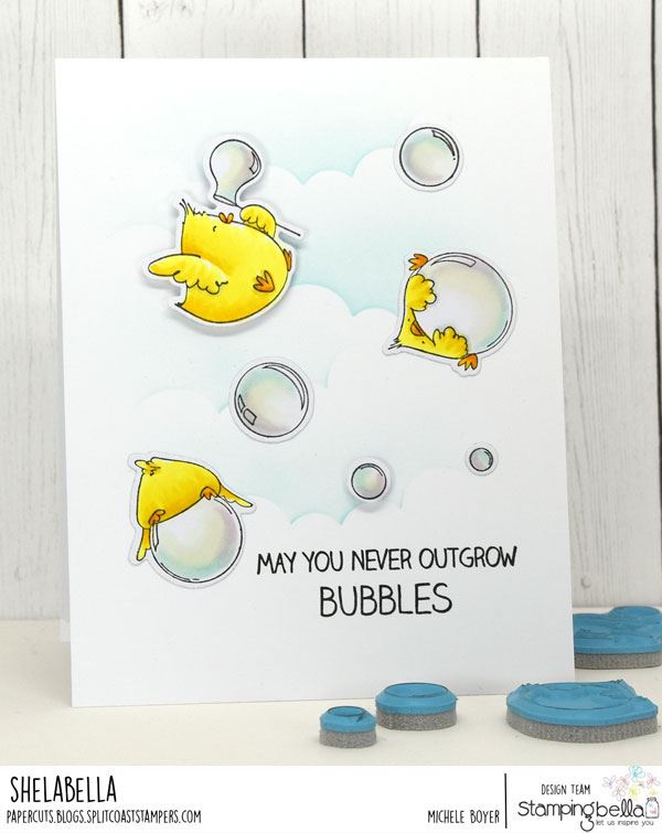 www.stampingbella.com: rubber stamp used: BUBBLE CHICKS. card by Michele Boyer
