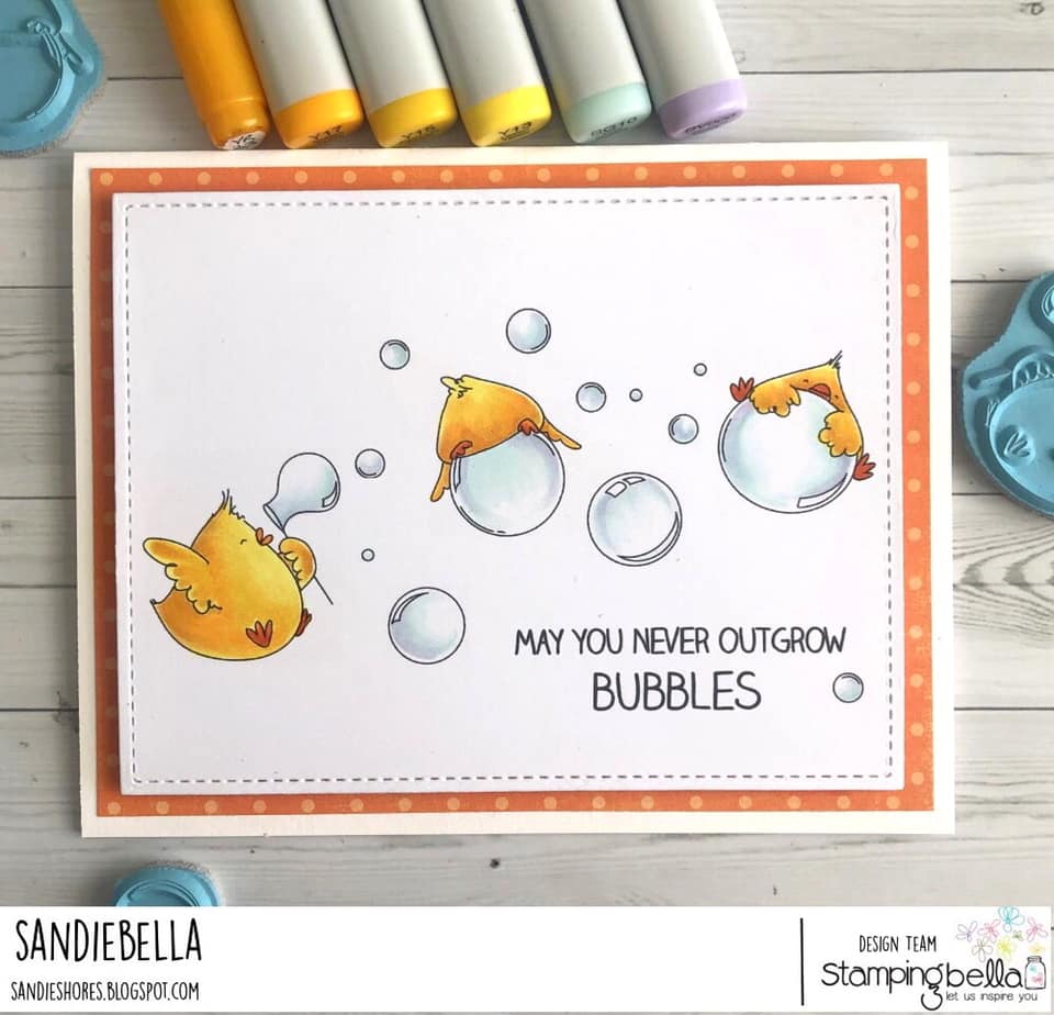 www.stampingbella.com: rubber stamp used: BUBBLE CHICKS. card by Sandie Dunne