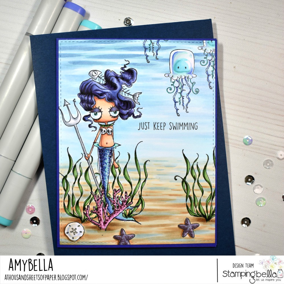www.stampingbella.com:rubberstamp used ODDBALL MERMAID, UNDER THE SEA CREATURES and little bits SANDCASTLE set.. card by AMY YOUNG