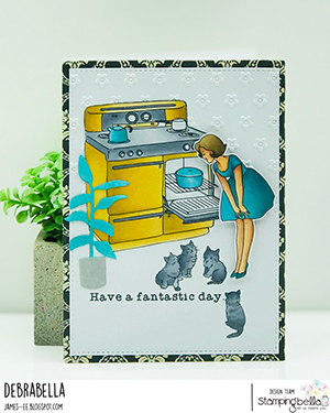 www.stampingbella.com: rubber stamp used: EDGAR AND MOLLY VINTAGE HERE KITTY set card by Debra James