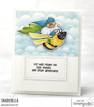 www.stampingbella.com: rubber stamp used: FLYING GNOME. Card by Sandie Dunne