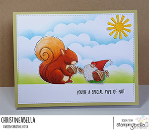 www.stampingbella.com: rubber stamp used: the gnome and the squirrel. card by Christine LEvison