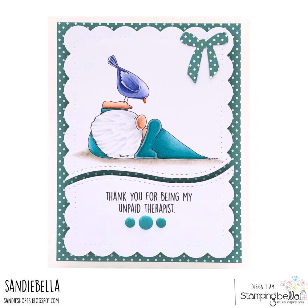 www.stampingbella.co,: rubber stamp used THE GNOME AND THE BIRDIEv  card by Sandie Dunne