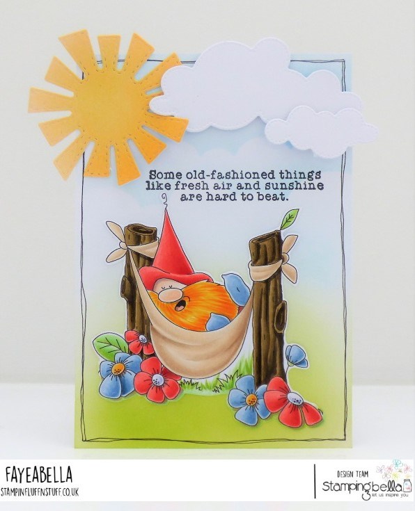 www.stampingbella.co,: rubber stamp used THE GNOME AND THE HAMMOCK  card by Jenny Dix