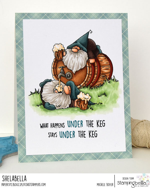www.stampingbella.com: rubber stamp used : TWO GNOMES AND A KEG. Card by MICHELE BOYER
