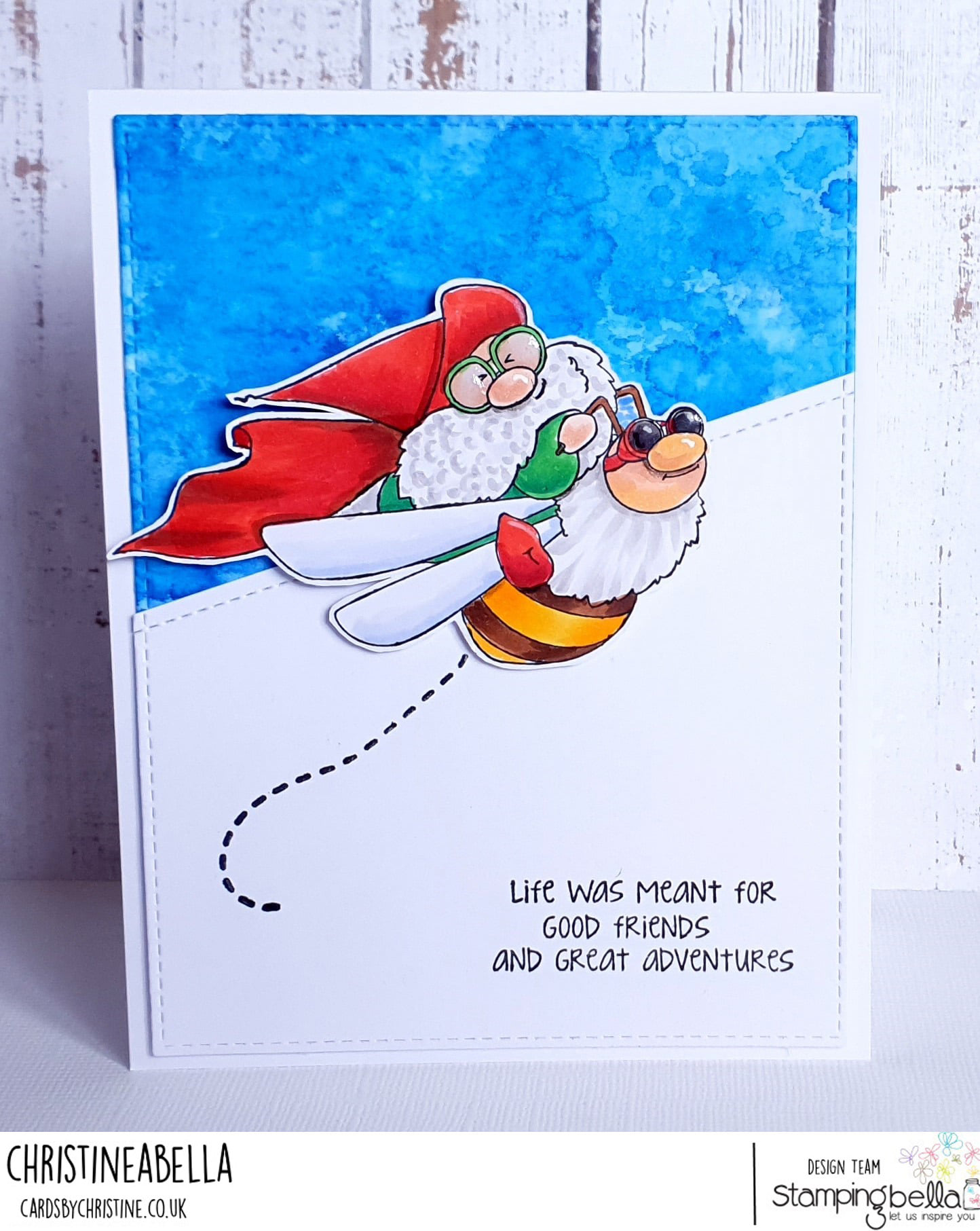 www.stampingbella.com: rubber stamp used: FLYING GNOME card by Christine Levison