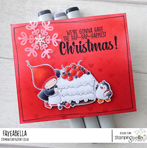 www.stampingbella.com: rubber stamp used BUNDLE GIRL and PENGUIN bake a cake card by Faye Wynn Jones