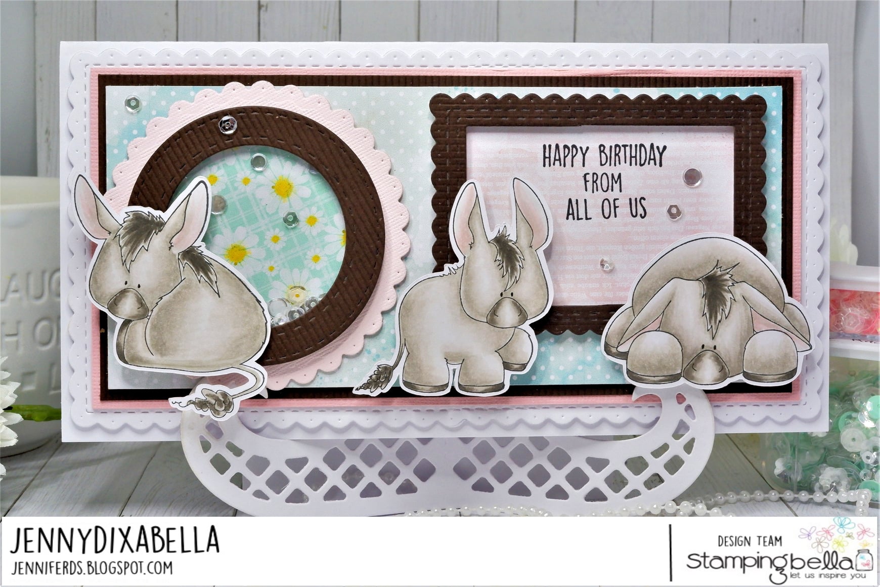 www.stampingbella.com: rubber stamp used: DONKEY TRIO STUFFIES.. card by Jenny Dix
