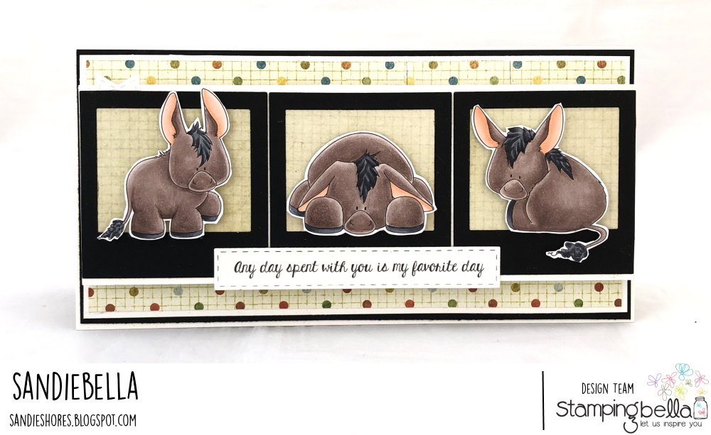 www.stampingbella.com: rubber stamp used: DONKEY TRIO STUFFIES.. card by Sandie Dunne