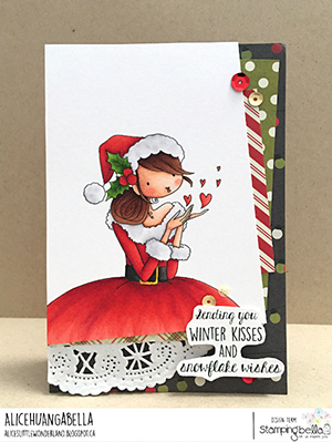 www.stampingbella.com: rubber stamp used UPTOWN GIRL KATRINA's CHRISTMAS KISSES card by Alice Huang card by Christine Levison