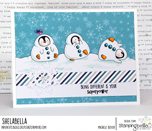 www.stampingbella.com: rubber stamp used SNOWSUIT PENGUINS. Card by Michele Boyer