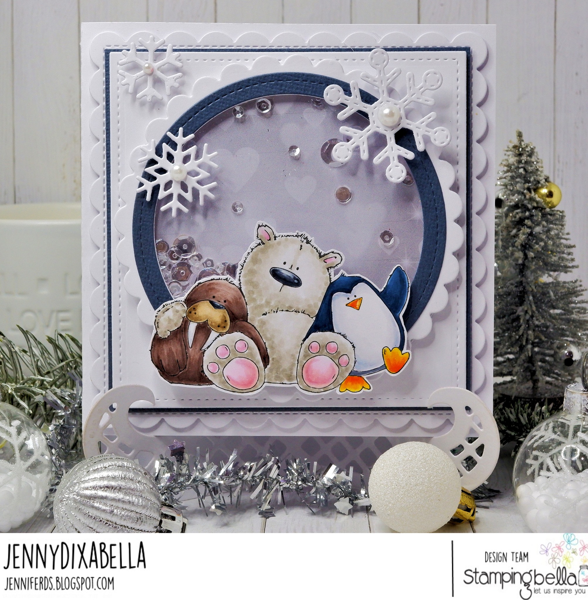 www.stampingbella.com : rubber stamp used- THE WALRUS the POLAR BEAR and the Penguin, card by Jenny Dix