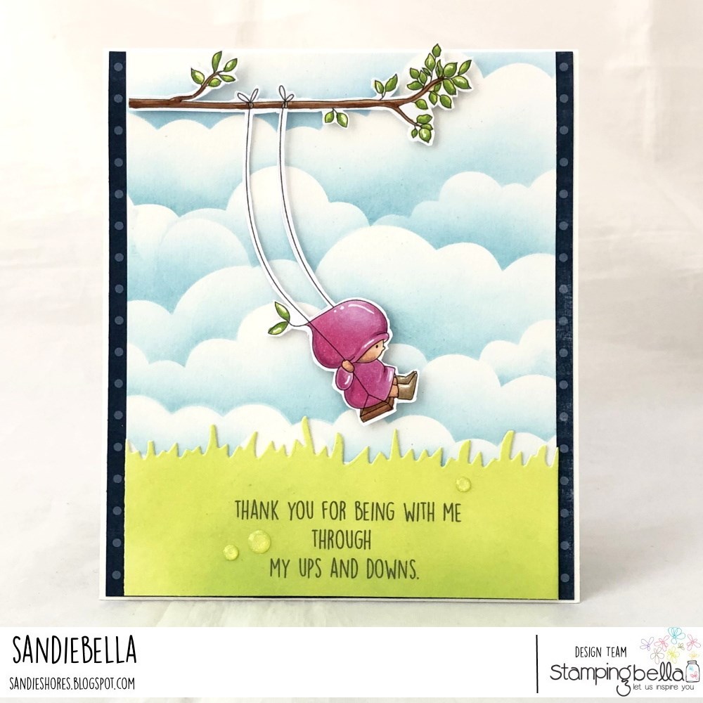 www.stampingbella.com: rubber stamp used: BUNDLE GIRL ON A SWING. Card by SANDIE DUNNE