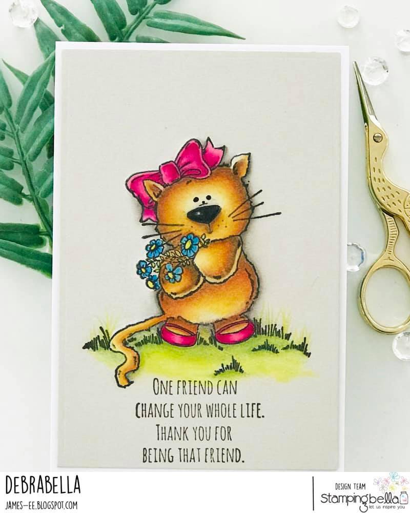 www.stampingbella.com: rubber stamp used :  Marmalade the KITTY STUFFIE.  card by  Debra James