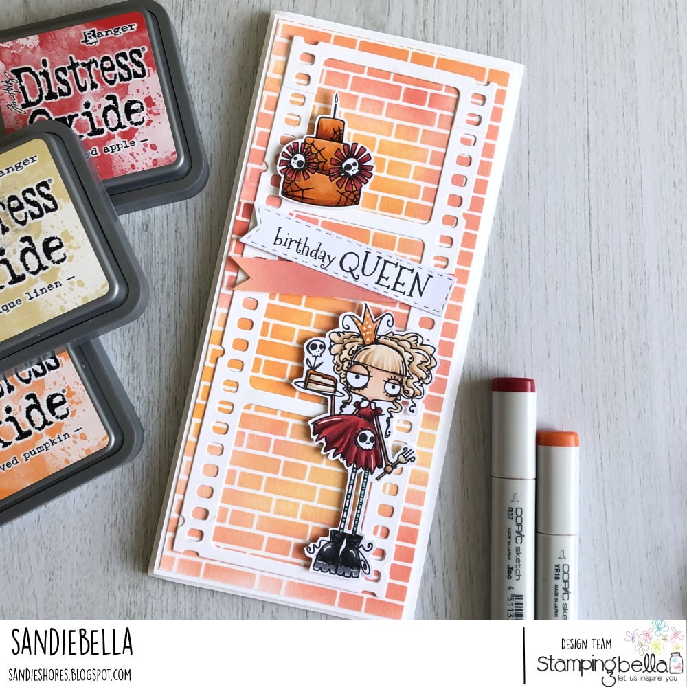www.stampingbella.com: rubber stamp used: ODDBALL BIRTHDAY QUEEN. Card by Sandie Dunne 