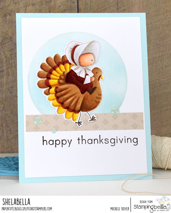 www.stampingbella.com: rubber stamp used BUNDLE GIRL ON A TURKEY and sentiment from our FALL SENTIMENT SET.  card by Michele Boyer