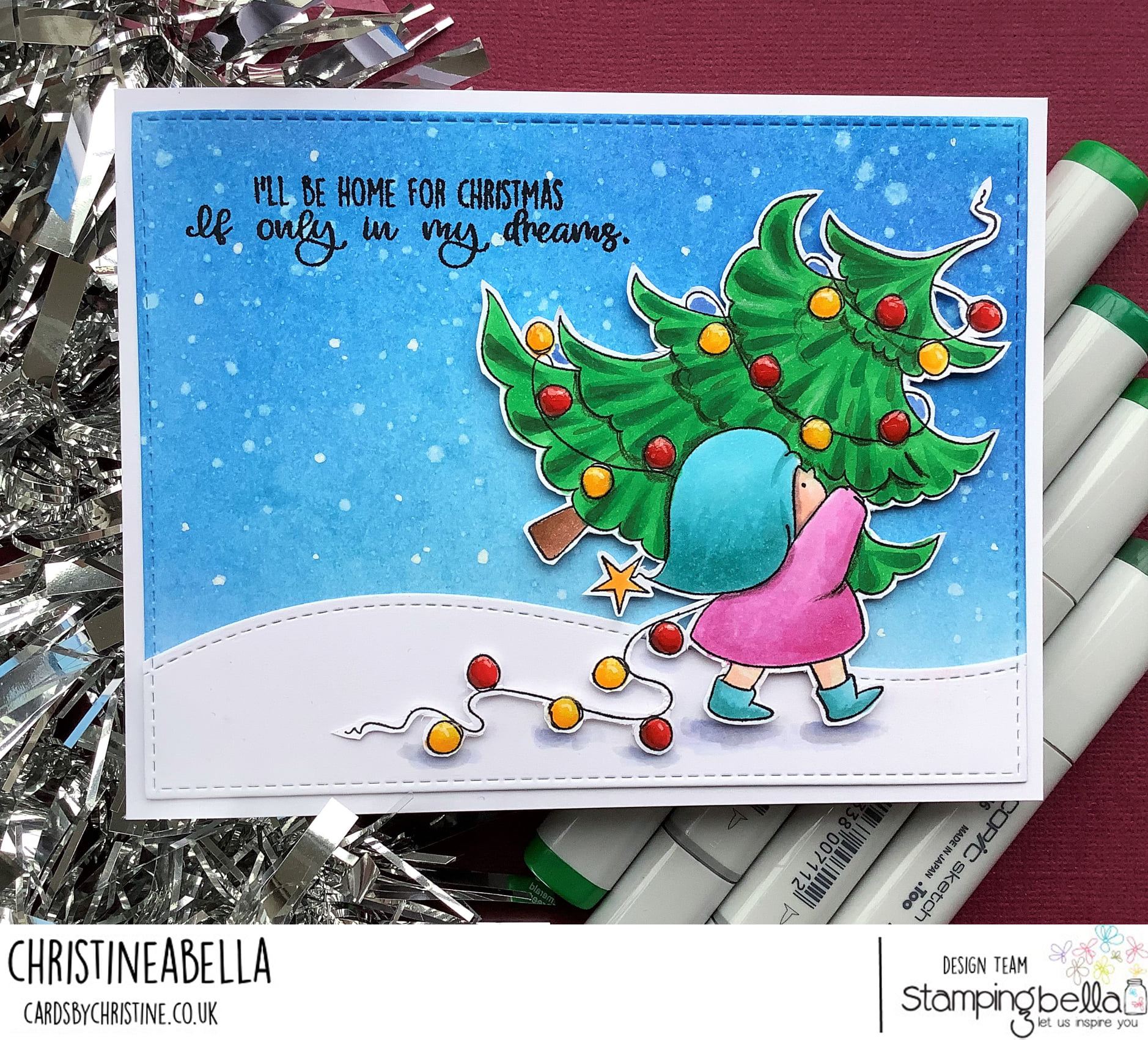 www.stampingbella.com: rubber stamp used BUNDLE GIRL WITH A CHRISTMAS TREE  card by CHRISTINE LEVISON