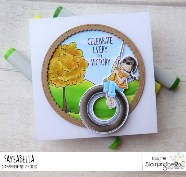 www.stampingbella.com: rubber stamp used :TINY TOWNIE ON A TIRE SWING, SUMMER BACKDROP , card by FAYE WYNN JONES