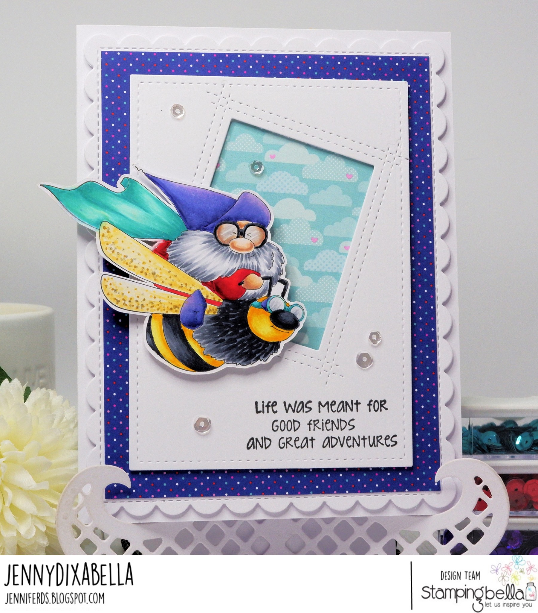 www.stampingbella.com: Rubber stamp used:  FLYING GNOME. CARD By Jenny Dix