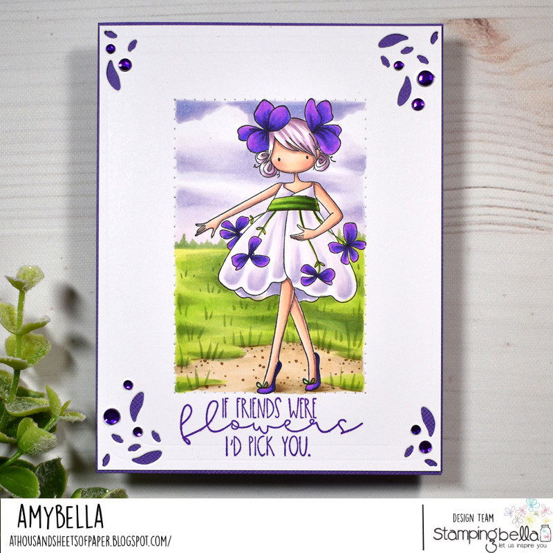 www.stampingbella.com: rubber stamp used TINY TOWNIE GARDEN GIRL VIOLET. card by Amy Young