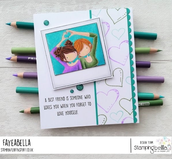 www.stampingbella.com: rubber stamp used: UPTOWN GIRLS SNAPSHOTS I HEART YOU card by FAYE WYNN JONES