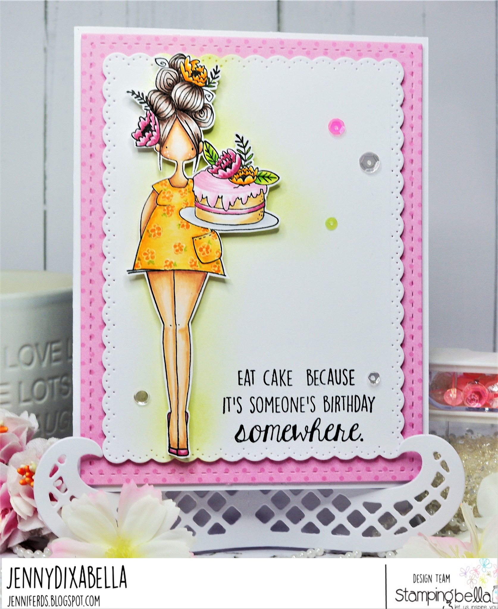 www.stampingbella.com: rubber stamp used: CURVY GIRL EATS CAKE card by Jenny Dix