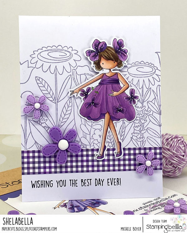 www.stampingbella.com: rubber stamp used :TINY TOWNIE GARDEN GIRL VIOLET and FLORAL FOREST BACKDROP: card by Christine Levison