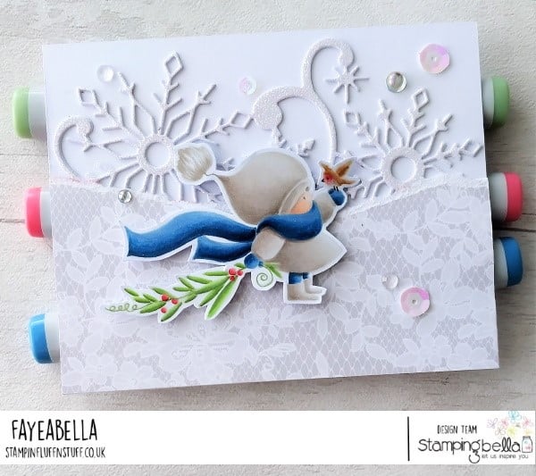 www.stampingbella.com: rubber stamp used:  BUNDLE GIRL WITH A WINTER BRANCH card by Faye Wynn Jones