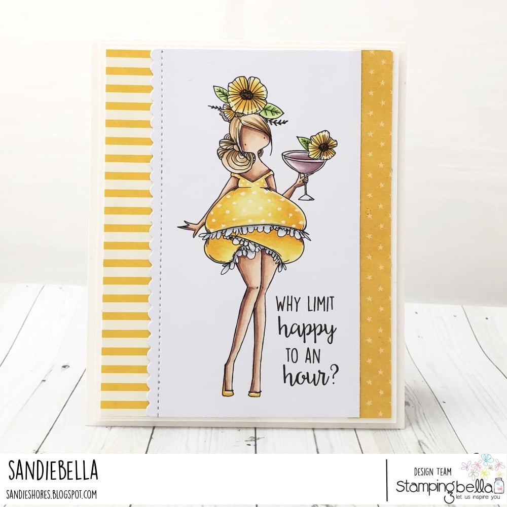 www.stampingbella.com: rubber stamp used: CURVY GIRL WITH A COCKTAIL  card by Sandie Dunne