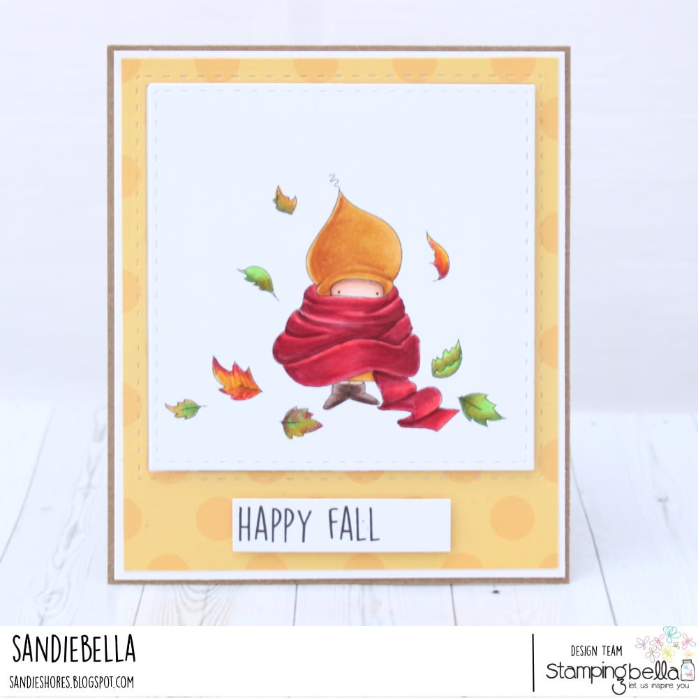 www.stampingbella.com: rubber stamp used: BUNDLE GIRL IN A PILE OF LEAVES. card by Sandie Dunne