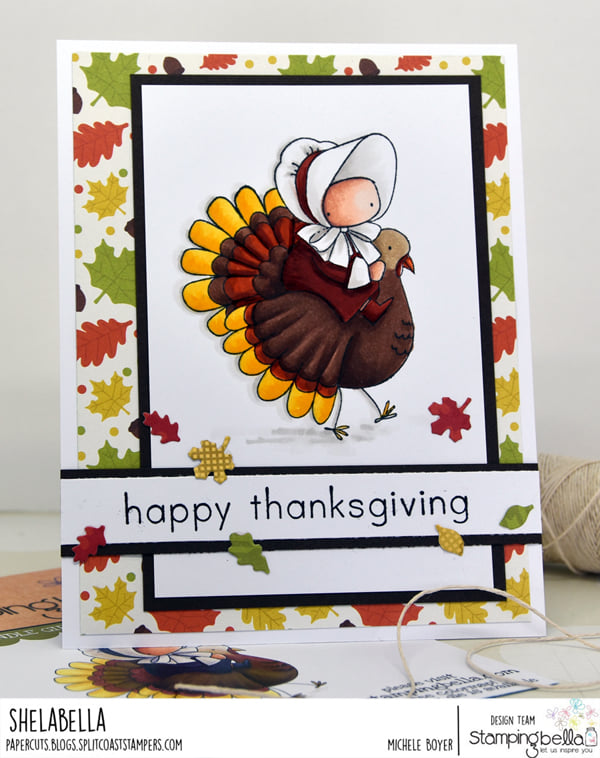 www.stampingbella.com: rubber stamp used: BUNDLE GIRL ON A TURKEY. card by Michele Boyer
