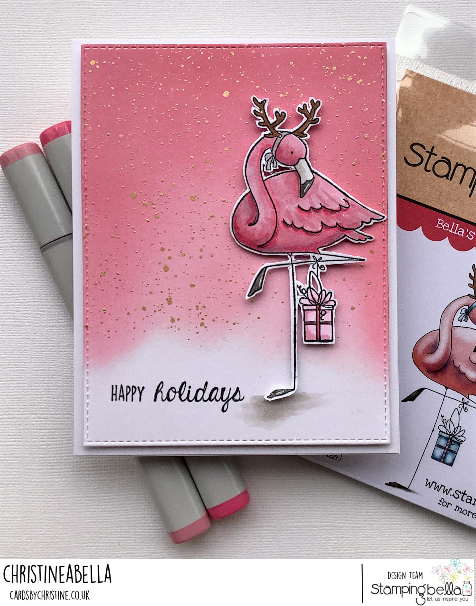 www.stampingbella.com: rubber stamp used: FLAMINGODEER card by Christine Levison