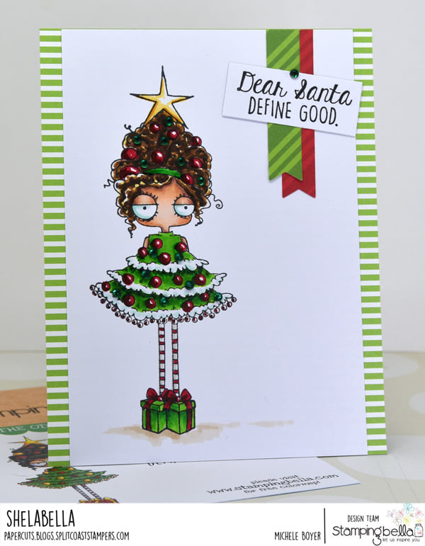 www.stampingbella.com: rubber stamp used: CHRISTMAS TREE ODDBALL card by  Michele Boyer