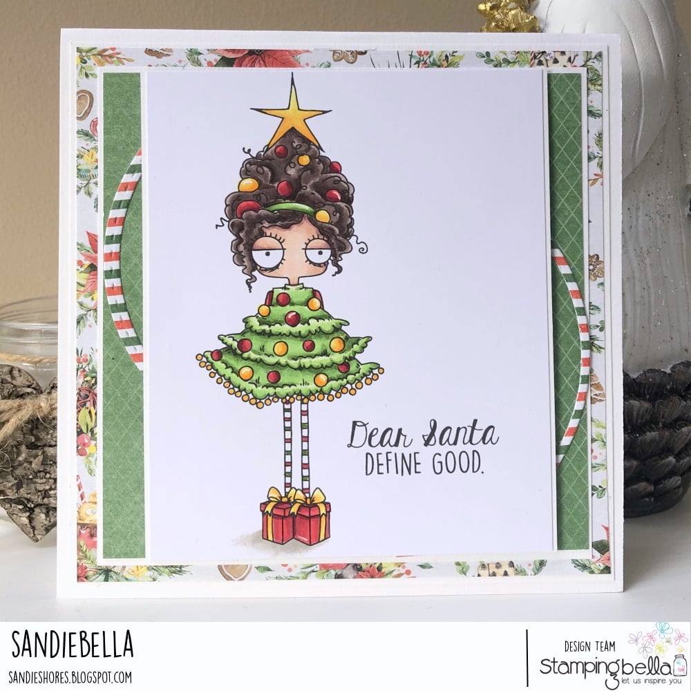 www.stampingbella.com: rubber stamp used: CHRISTMAS TREE ODDBALL card by Sandie Dunne