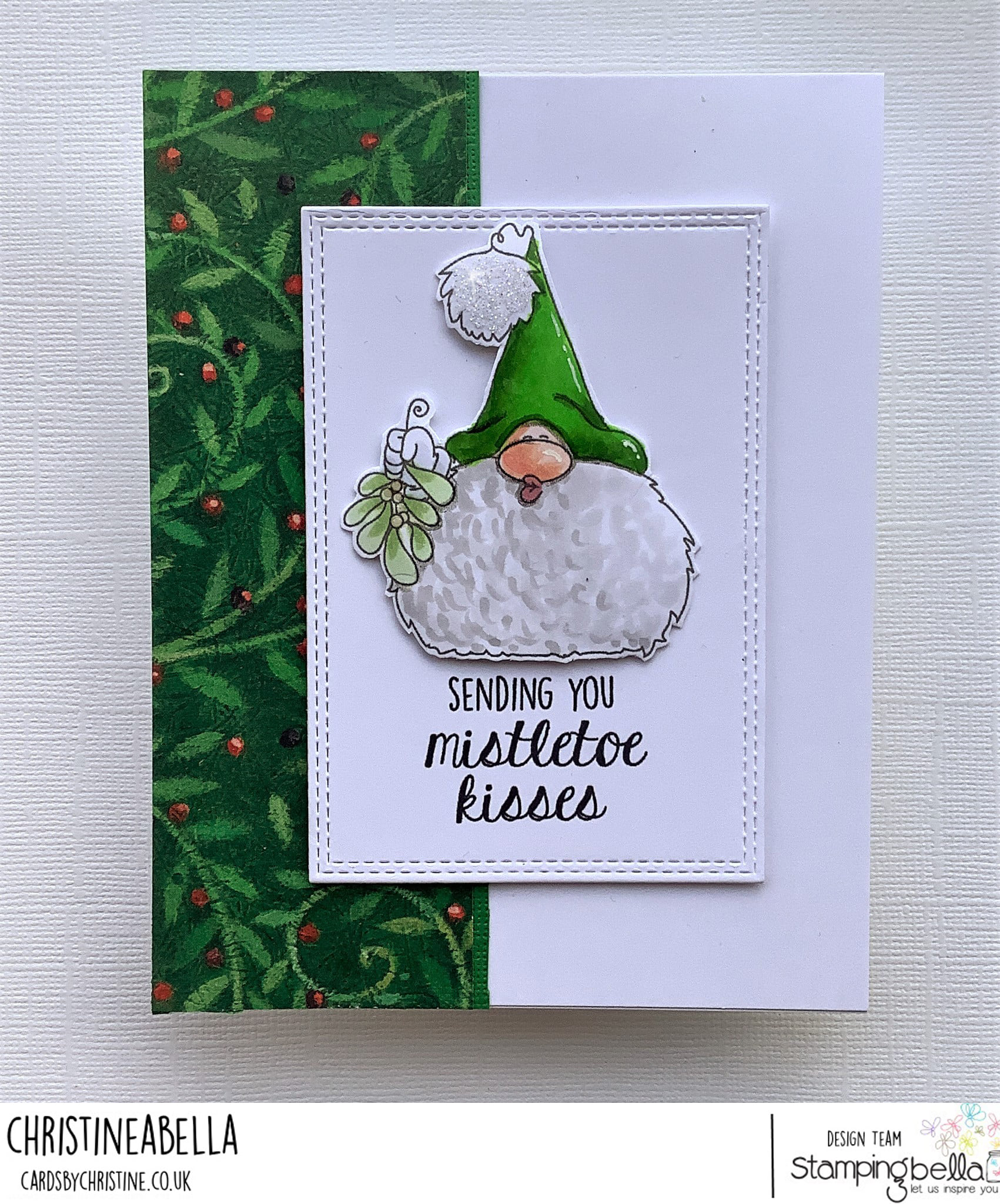 www.stampingbella.com: rubber stamp used: THE GNOME AND THE MISTLETOE, card by CHRISTINE LEVISON