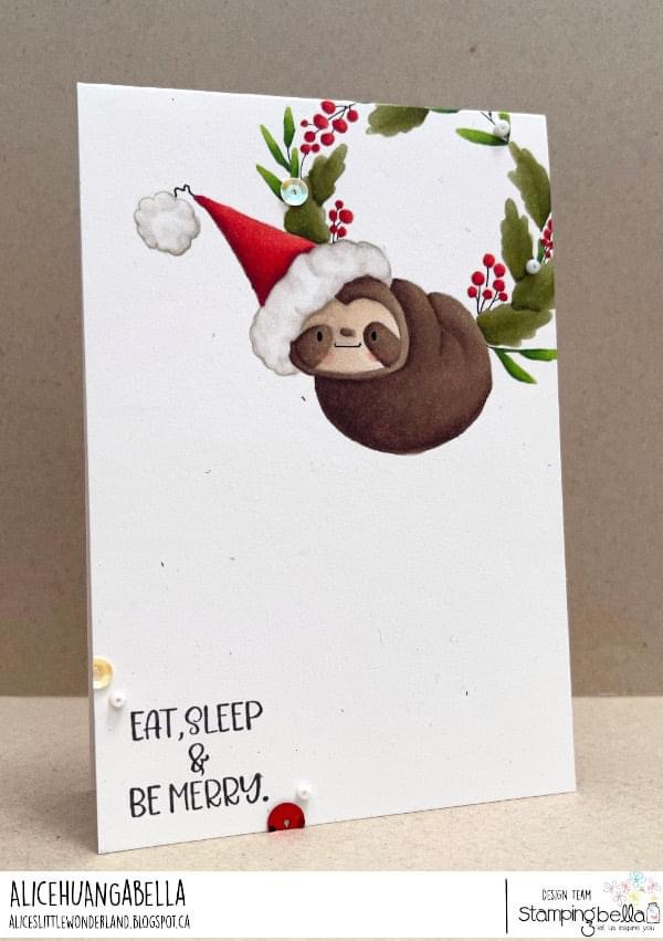 Www.stampingbella.com : rubber stamp used : sloth on a wreath .. card by Alice Huang 