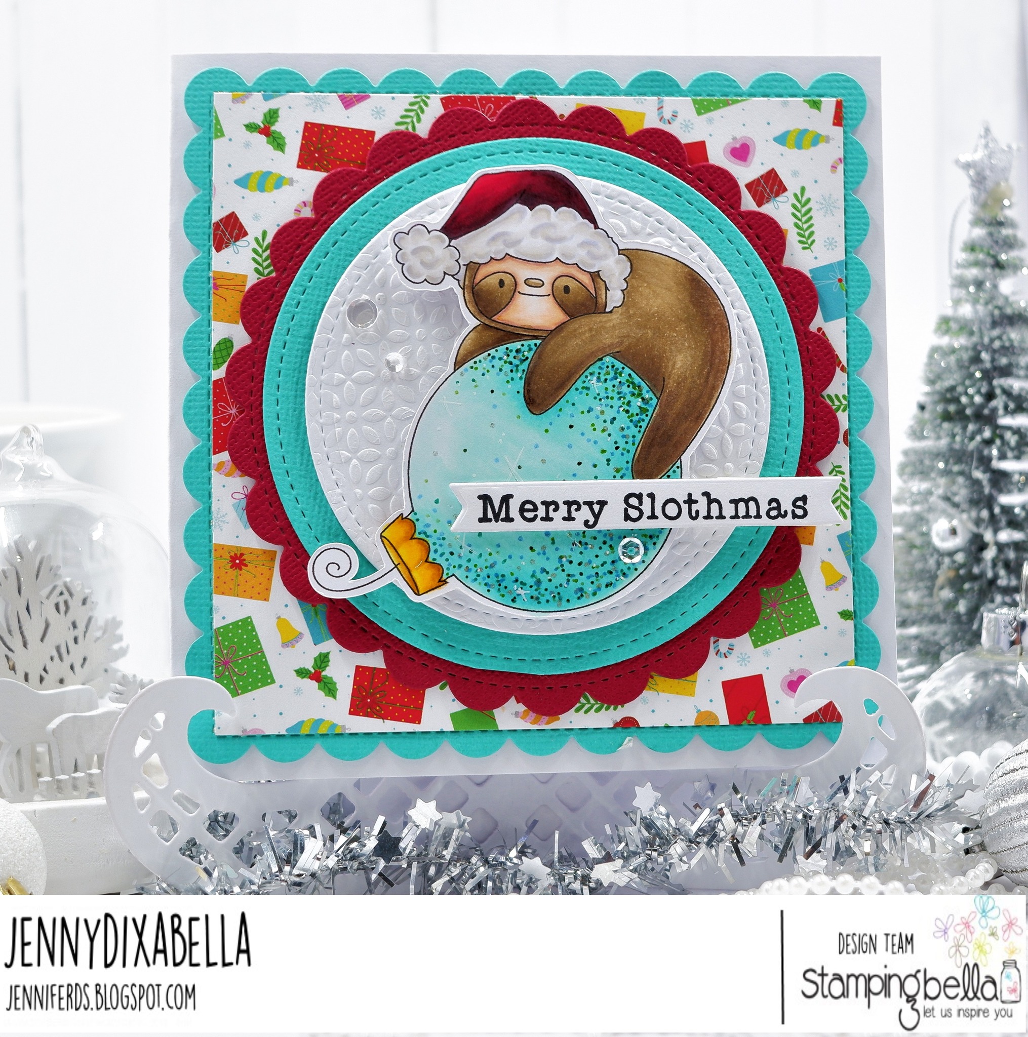 www.stampingbella.com: rubber stamp used  SLOTH ORNAMENT.. Card by Jenny Dix