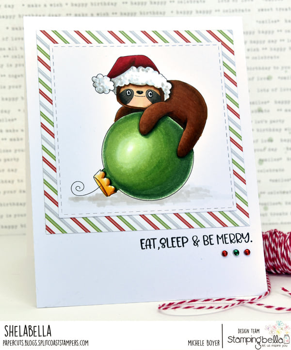 www.stampingbella.com: rubber stamp used  SLOTH ORNAMENT.. Card by Michele Boyer