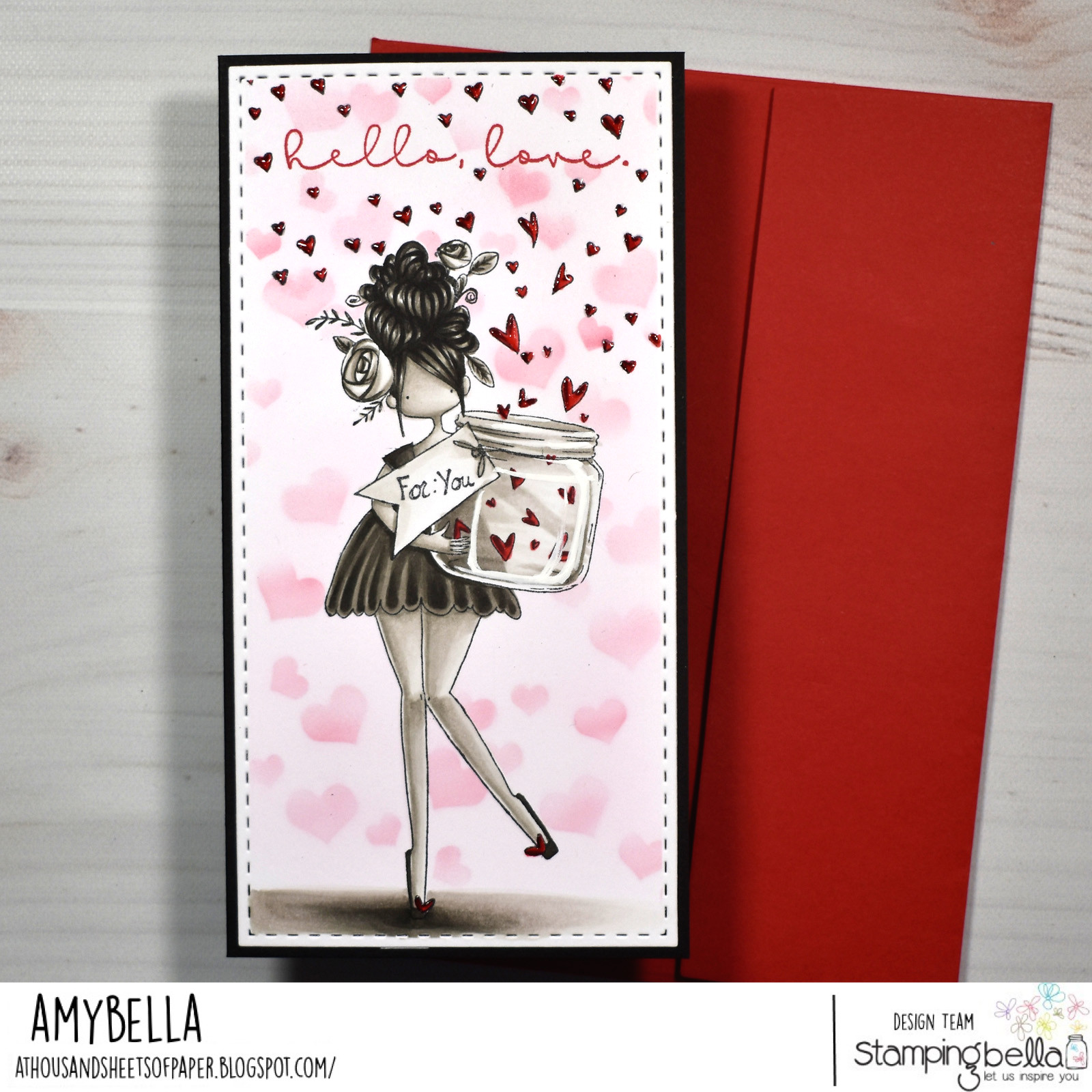 Www.stampingbella.com:  rubberstamp used : curvy girl with a jar of hearts card by Amy young 